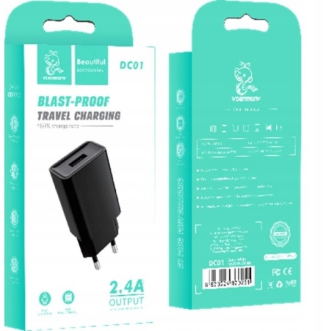 ŁADOWARKA SIECIOWA 2.4A Czarna DENMEN 2400mA DC0112W SINGLE BLACK