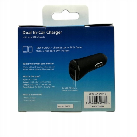 O2 podwójna ładowarka samochodowa USB-A port czarna 2x12 W