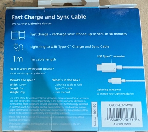 Kabel O2 USB-C to Lightning Cable 1M