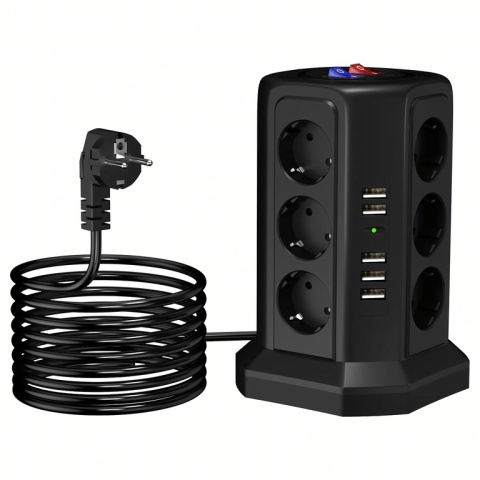 Listwa Zasilająca Stojąca Ochronna Odgromowa 12 Gniazd + 5 Portów Usb Reset