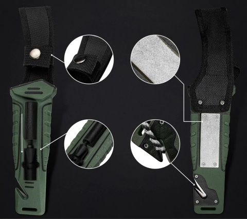 Nóż taktyczny wojskowy ratowniczy turystyczny survival krzesiwo przecinak zbijak osełka 25cm