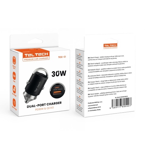Teltech ładowarka samochodowa USB / Typ-C 30W QC PD Czarny TCC-01